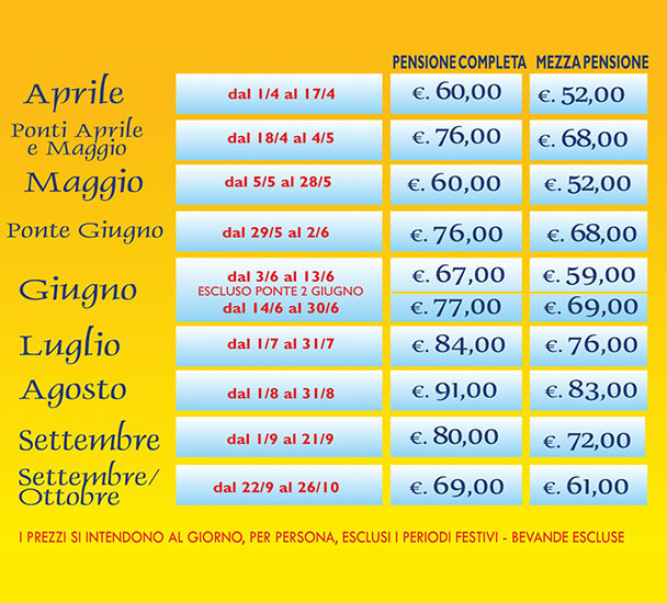 Listino  prezzi  2024 - minimo 3 giorni